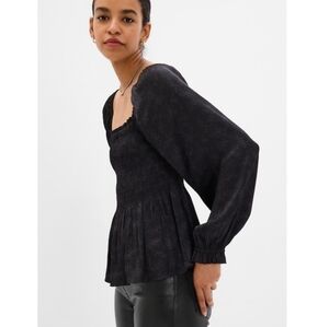 GAP Smocked Peplum Top Floral Print Black Womens Size M Petite